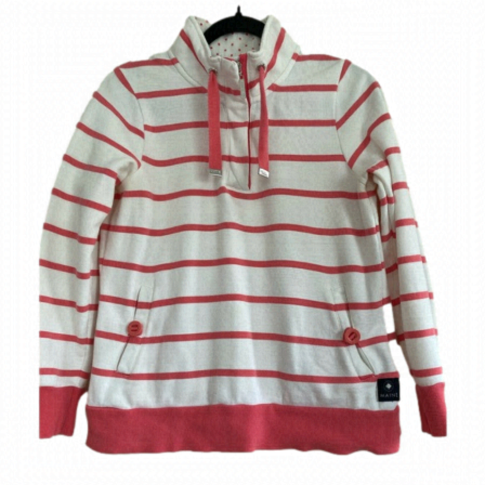 Maine New England zip funnel neck striped white and coral sweatshirt. Size 8